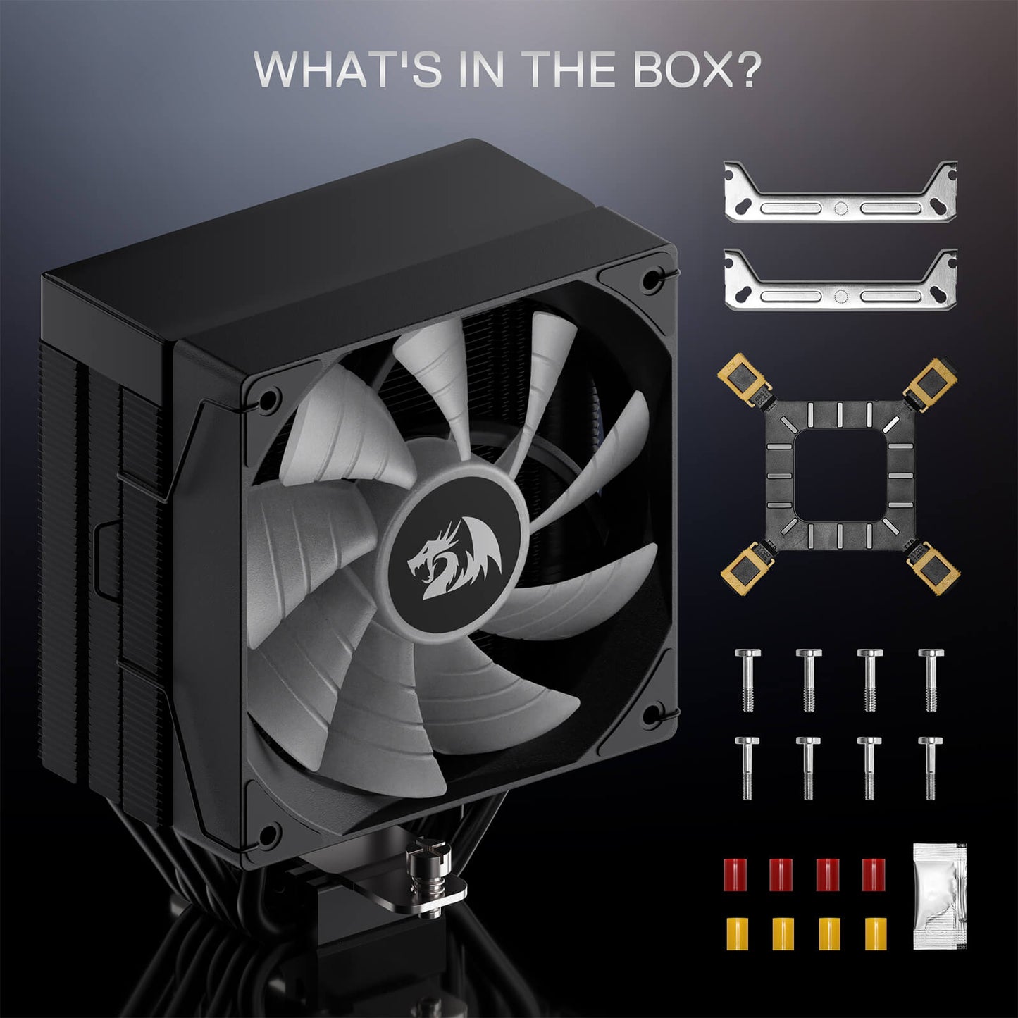 Computer cooling system with fan and components on a dark background