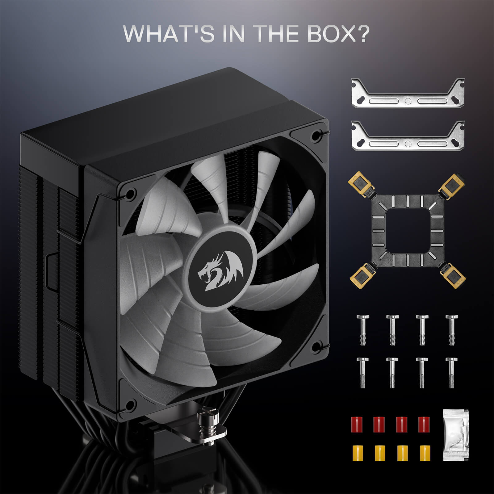 Computer cooling system with fan and components on a dark background