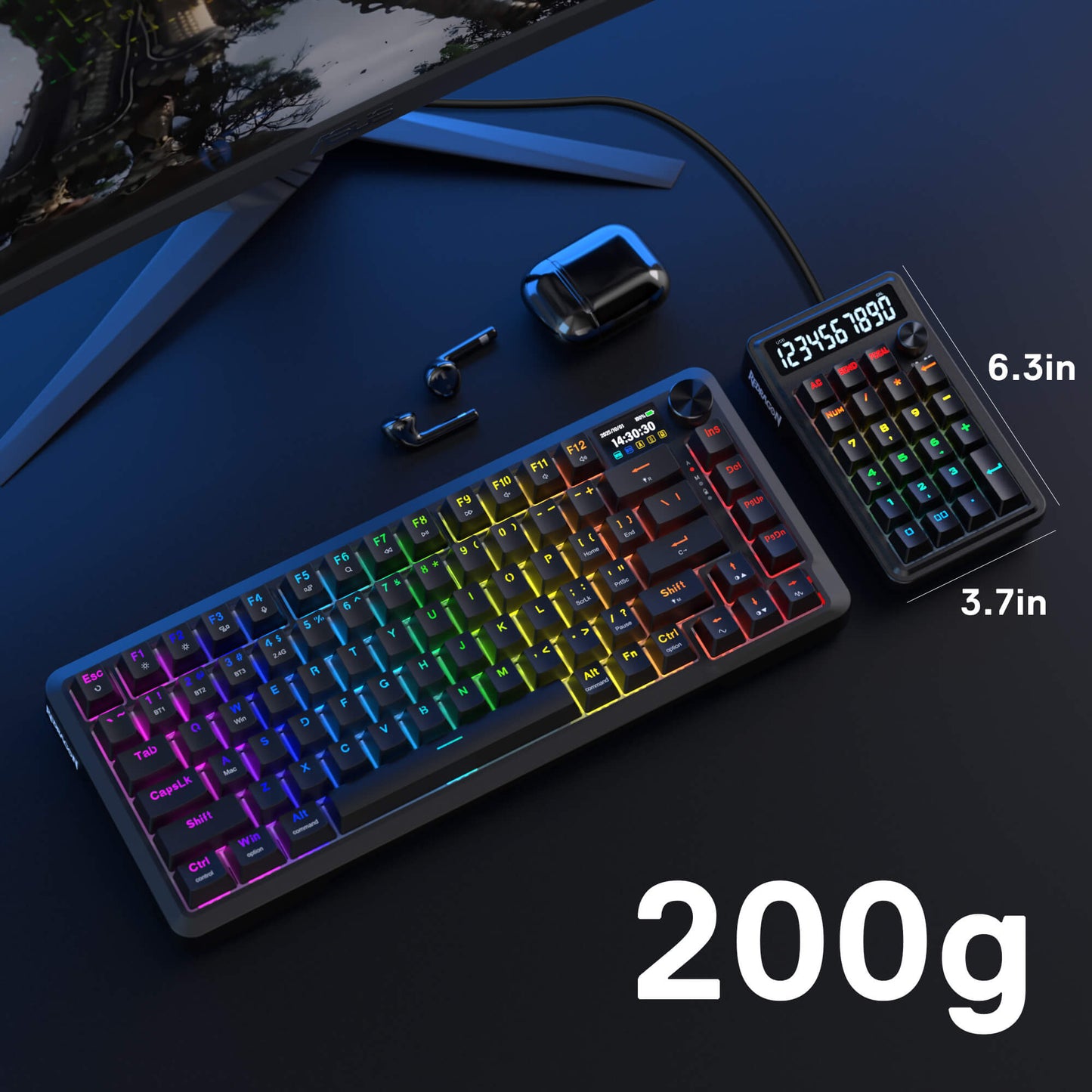 Redragon Gaming keyboard with RGB backlighting on a dark surface, showing weight of 200g.