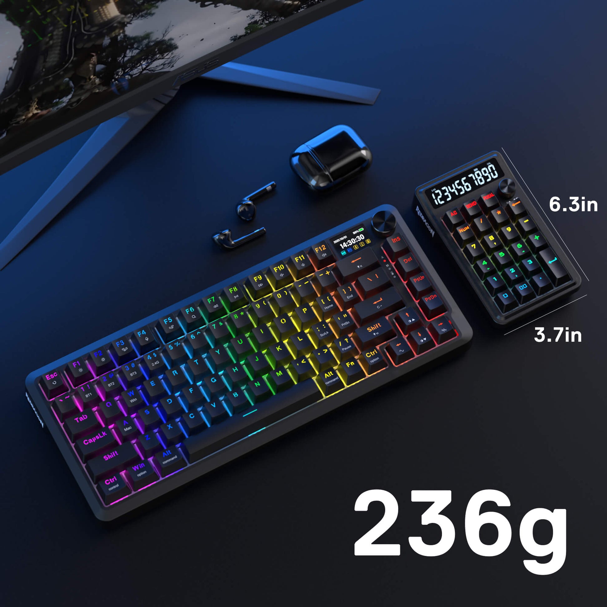 Redragon Gaming keyboard with RGB lighting on a dark surface, showing weight of 236g.