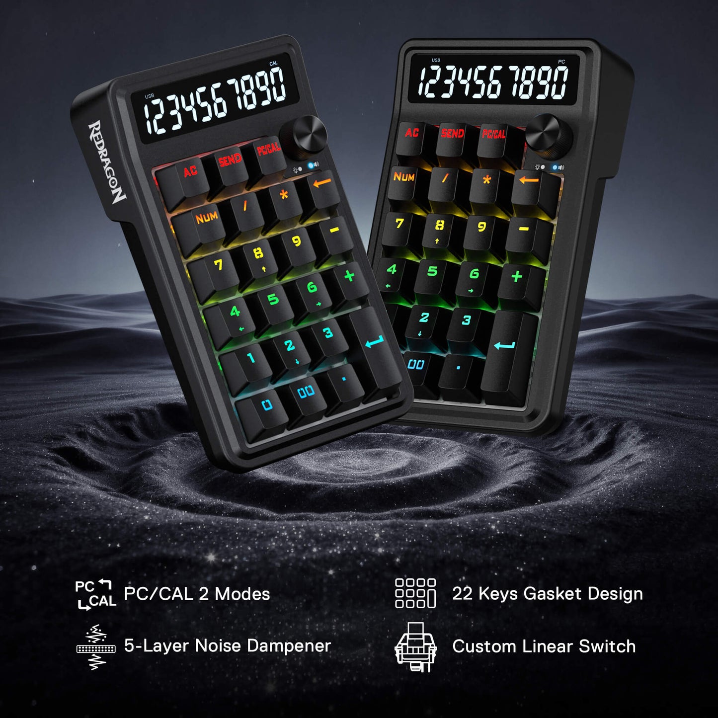 Two black numerical keyboards with colorful backlighting on a dark background