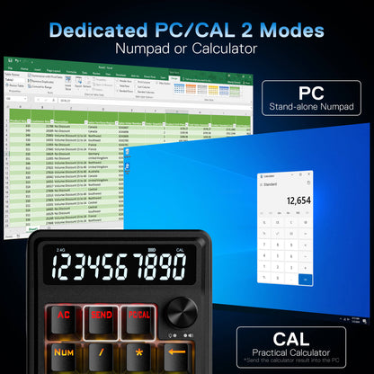 Calculator with screen displaying numbers and text, overlaid with software interface on a computer screen.