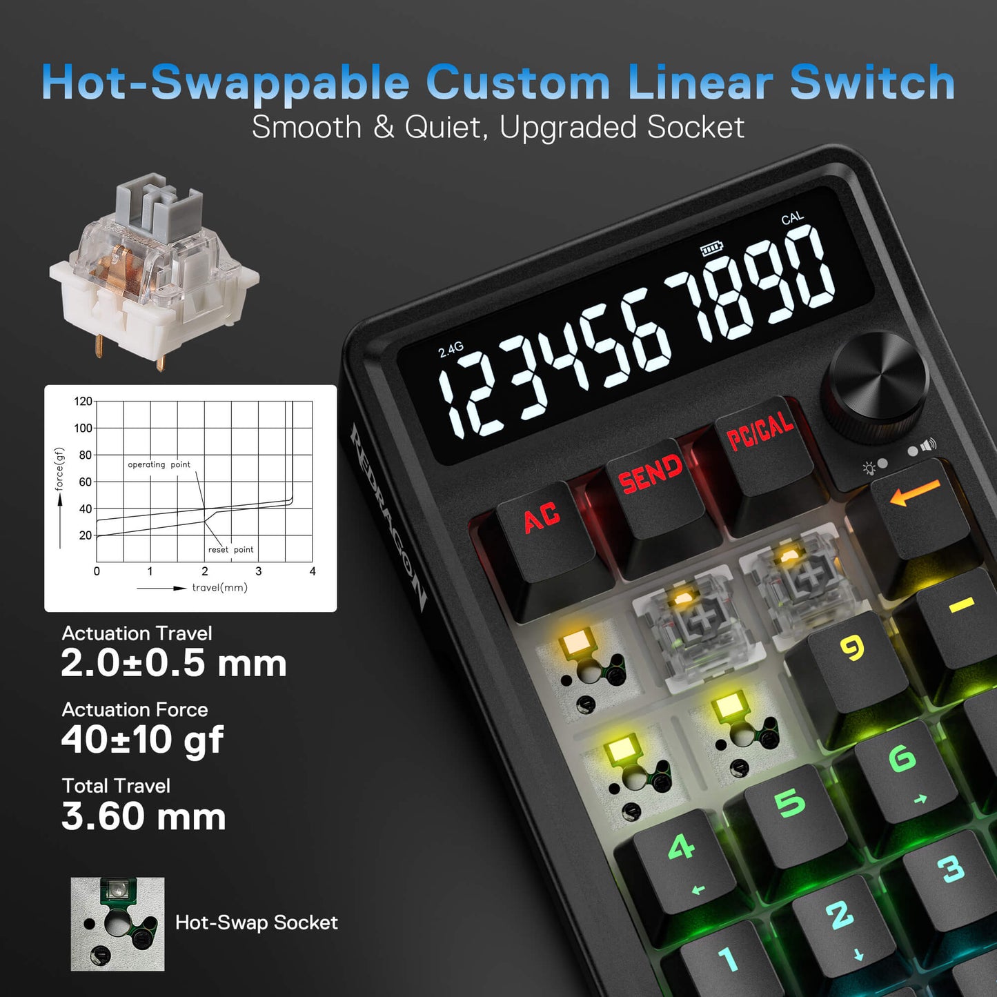 Redragon cove k733-rgb-wl | tri-mode usb-c 2. 4g bluetooth | rgb gasket hot-swap | mehanska numerična tipkovnica 4 Redragon cove k733-rgb-wl hot-swap linearna stikala in rgb osvetlitev