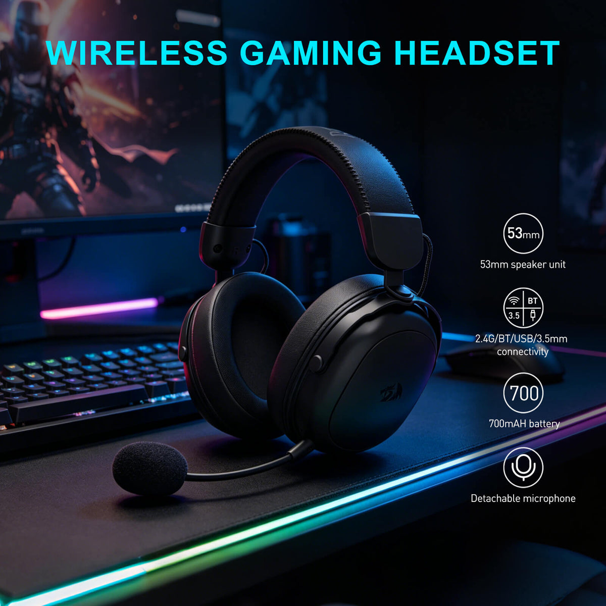 Redragon H893 Gaming Headset, 2.4GHz/BT/Wired, Black
