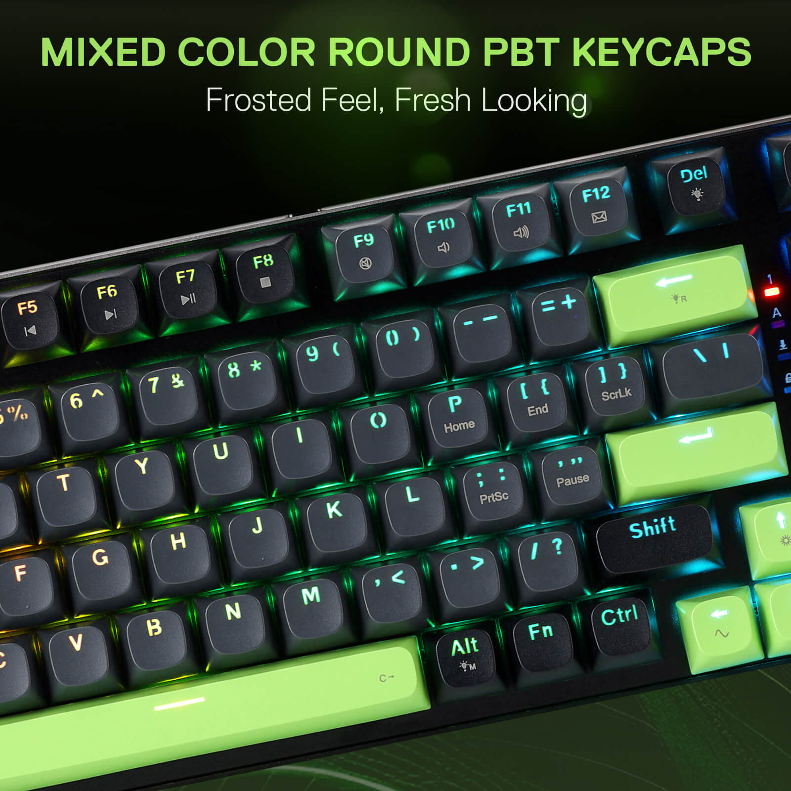 Redragon K740 Keyboard with mixed color round PBT keycaps on a dark background
