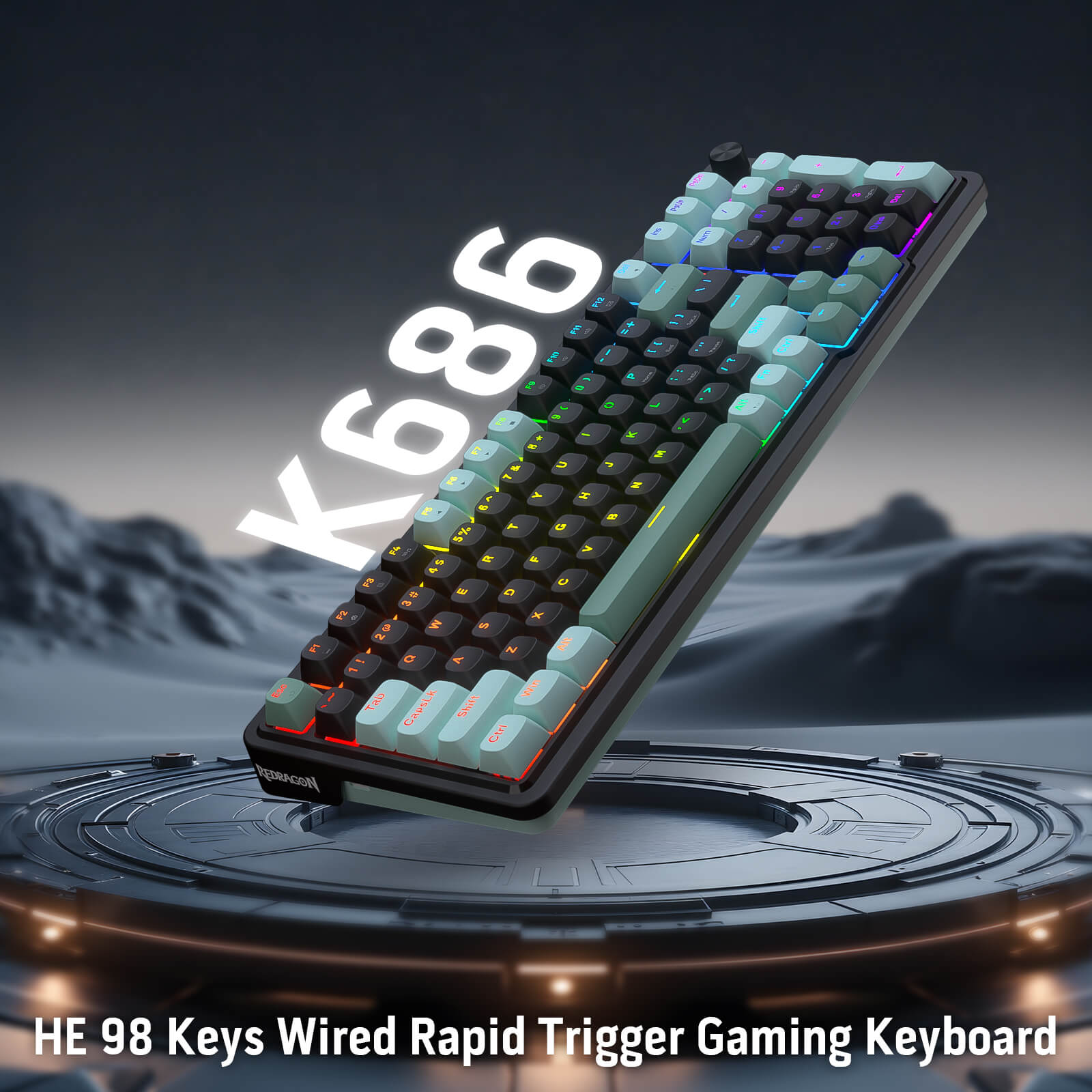 Gaming keyboard with RGB lighting on a futuristic platform with mountainous background