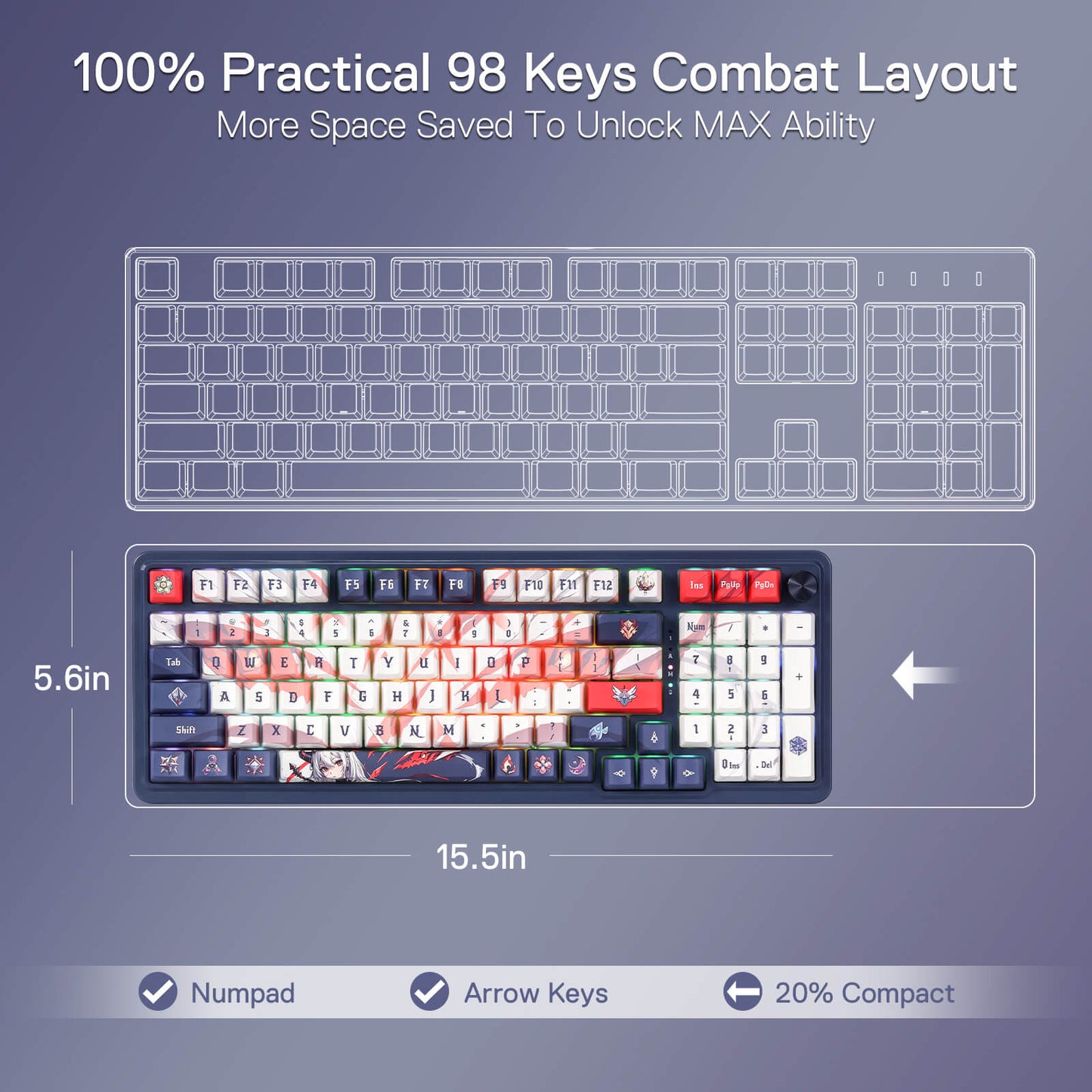 Size Comparison of Redragon K686 Pro SE Keyboard Against Standard Full-Size Keyboard, Measuring 15.5 Inches by 5.6 Inches