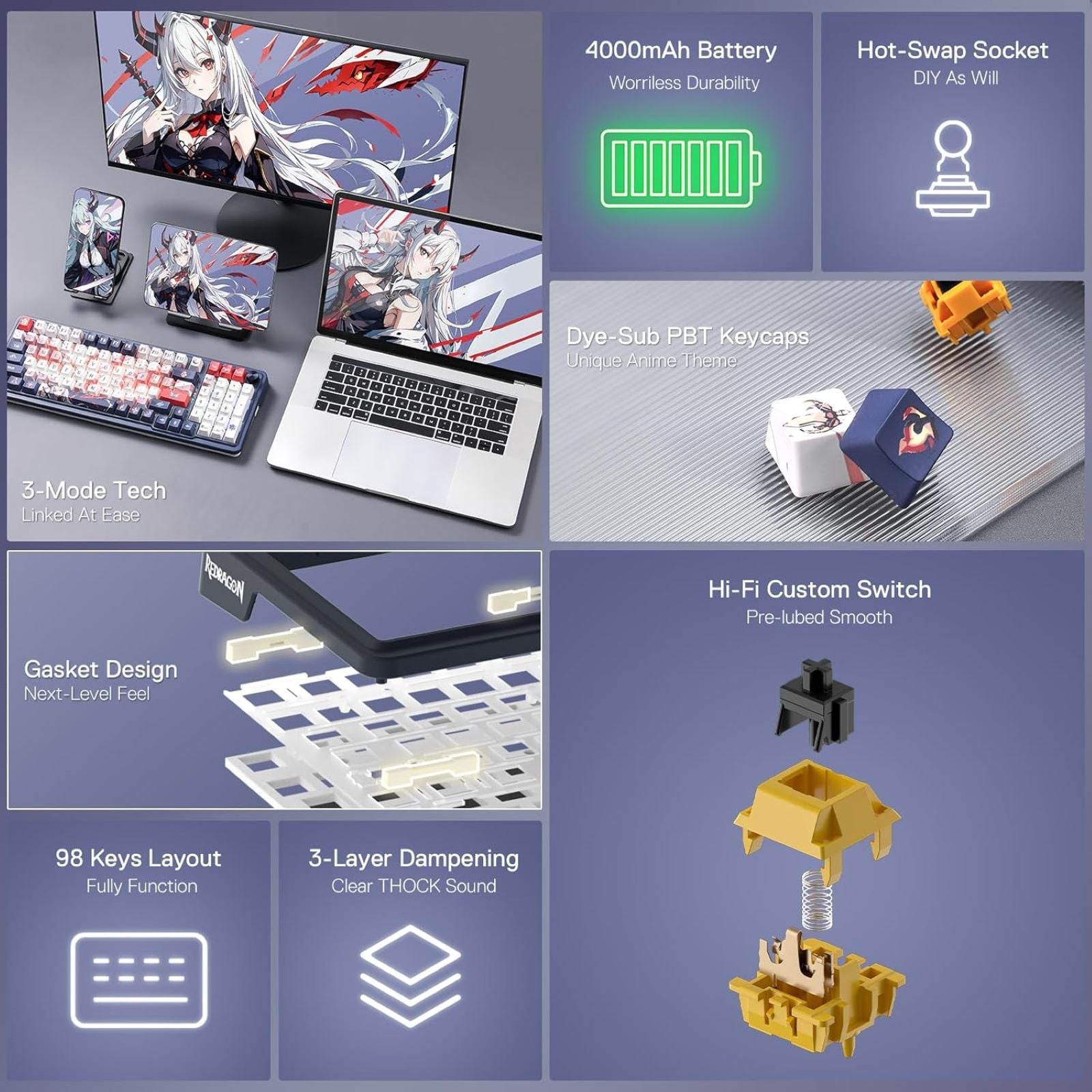 Redragon EISA K686 PRO SE 98 Keys Wireless Gasket RGB Gaming Keyboard ...