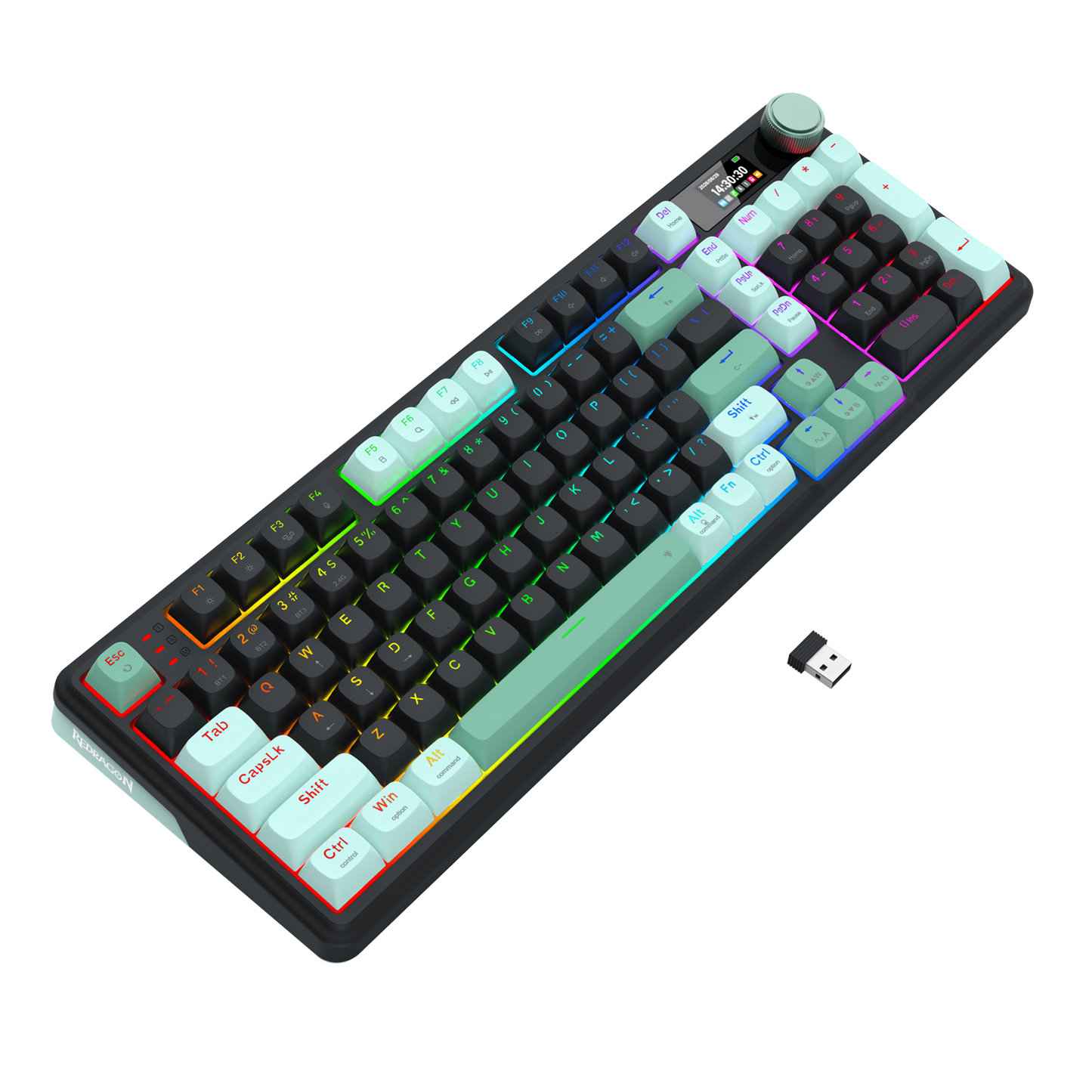 Redragon K768 PRO Wireless 100-Key Gasket Gaming Keyboard, Screen & Knob | Easy-Control LED Info Display + 8000mAh, 0-Delay Tri-Mode, Cushioned 5-Layer Noise Dampening for Creamy Thocky Sound, Practical 95% Size Green & Black