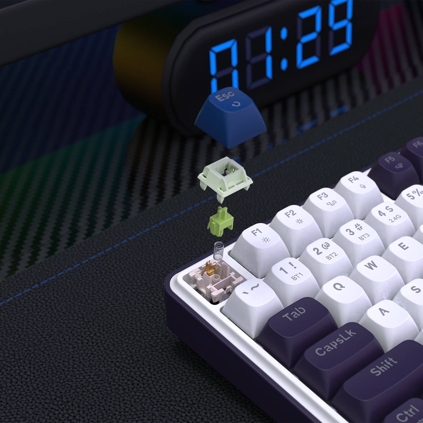 This graphic highlights the "Custom Mint Mambo Switch" for a keyboard: it displays the switch’s components (keycap, switch, spring) alongside specs (actuation travel, force, total travel) for its smooth linear feel.