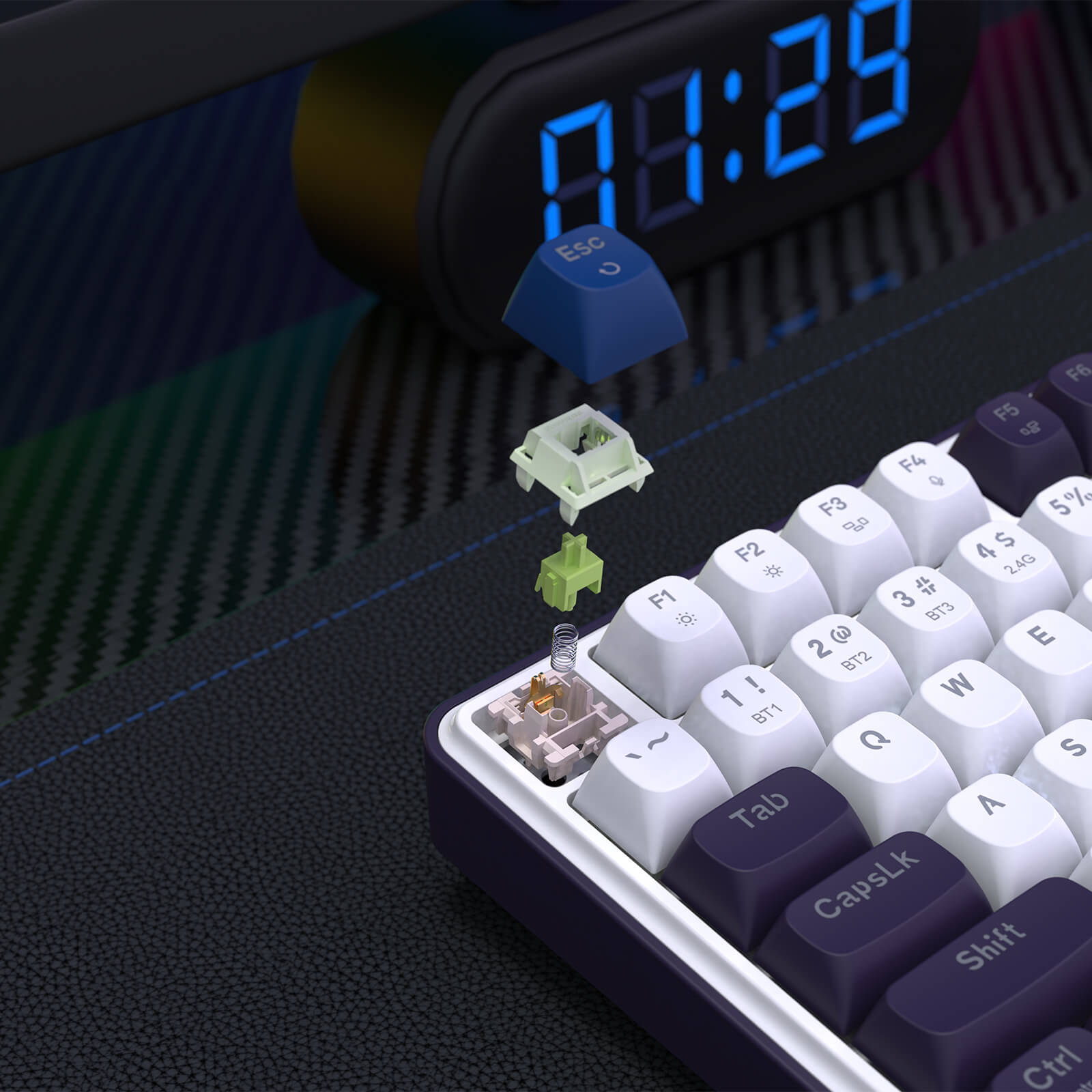 This graphic highlights the "Custom Mint Mambo Switch" for a keyboard: it displays the switch’s components (keycap, switch, spring) alongside specs (actuation travel, force, total travel) for its smooth linear feel.