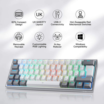 FIZZ K617 60% White & Grey UK QWERTY Compact Mechanical Keyboard - thumbnail 2