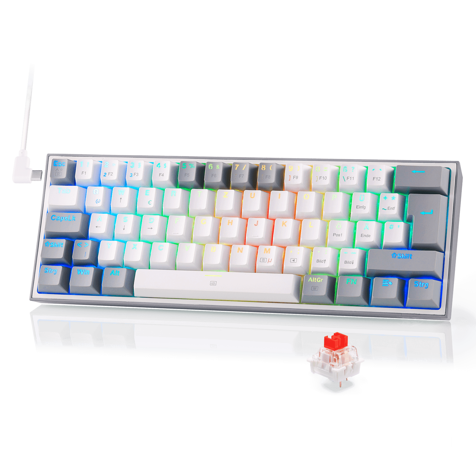 Redragon K617 Fizz 60% Deutsches QWERTZ-Layout Gaming-Tastatur, RGB Verkabelte Gaming Tastatur, 62 Tasten, Hot Swap Rote Schalter, Programmierbare Tasten, Abnehmbares USB Type C Kabel - Grau & Weiß