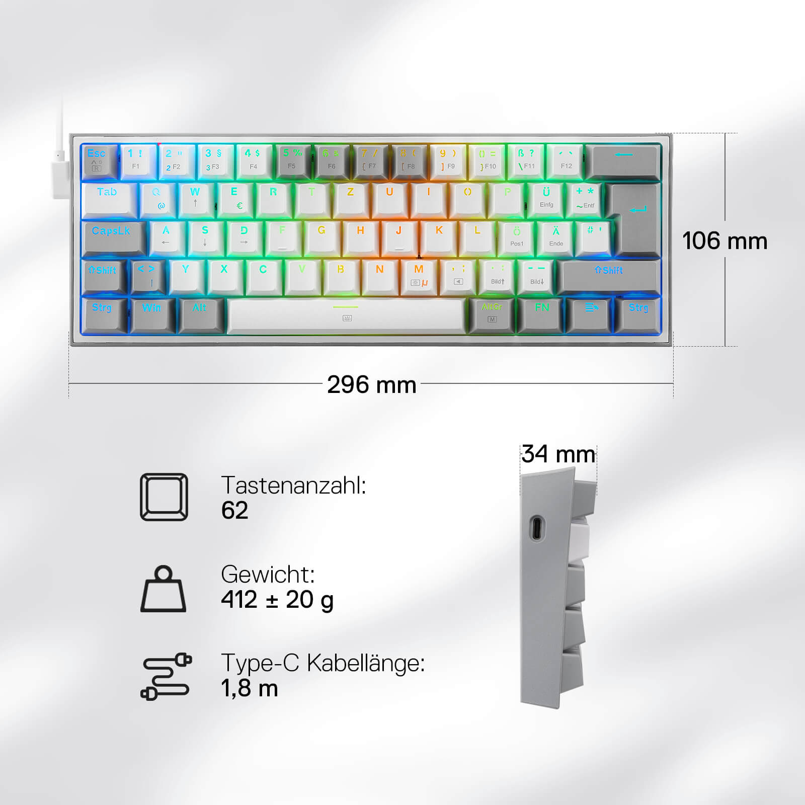 Redragon FIZZ K617 60% Deutsches QWERTZ-Layout Gaming-Tastatur