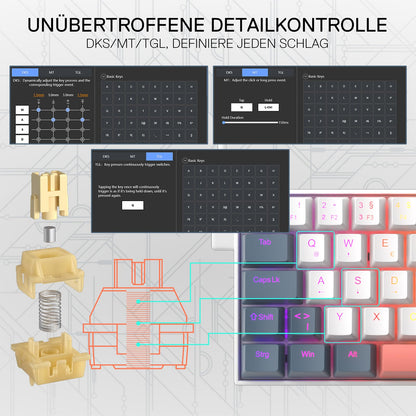 Promotional graphic for a mechanical keyboard switch component. The image features German text at the top reading 'UNÜBERTROFFENE DETAILKONTROLLE DKS/MT/TGL, DEFINIERE JEDEN SCHLAG'.