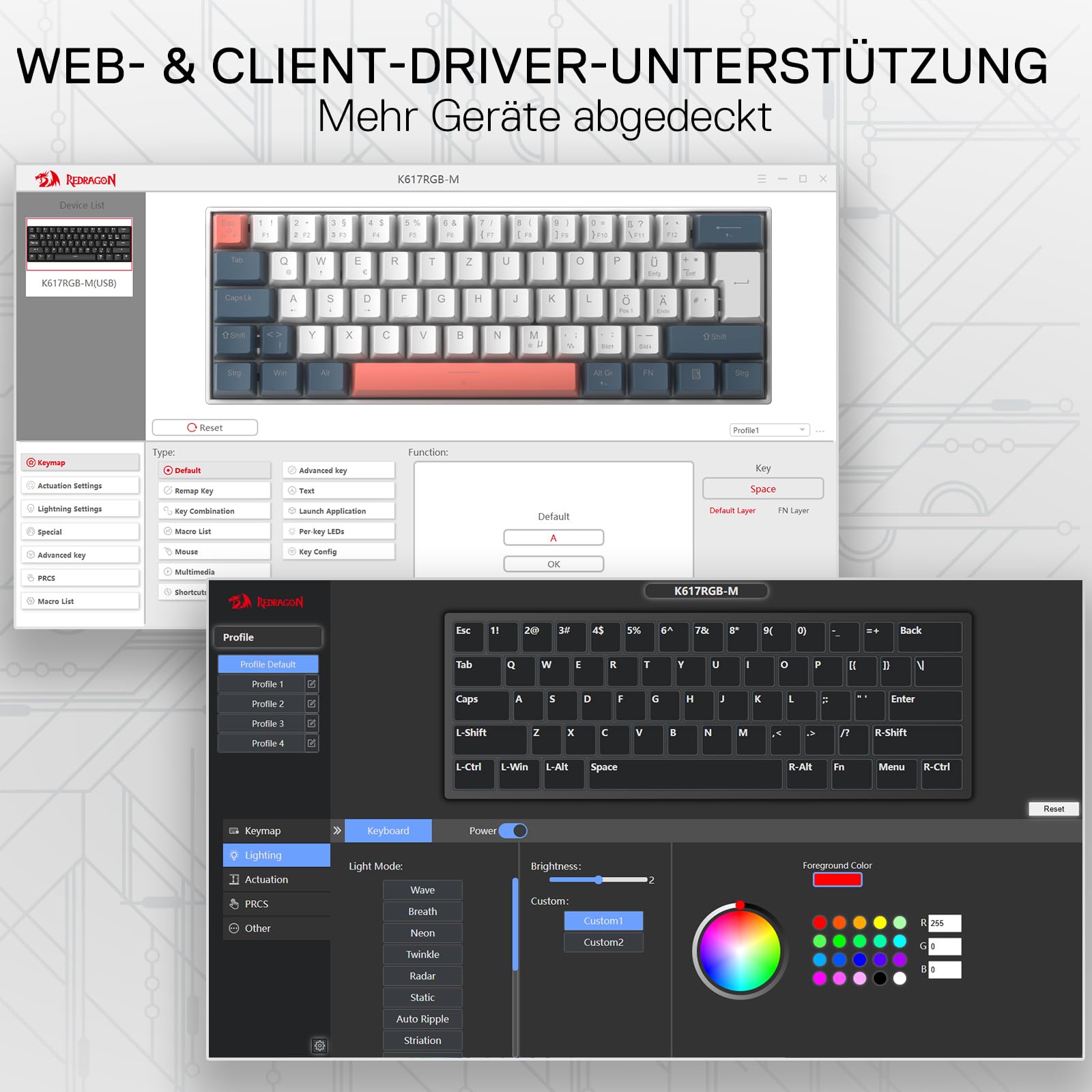 Promotional graphic for a keyboard software suite showing screenshots of a web and client-driver interface supporting multiple devices. The layout includes a white control panel at upper left, a dark control panel at lower right, and German headline text at the top reading 'WEB- & CLIENT-DRIVER-UNTERSTÜTZUNG' and 'Mehr Geräte abgedeckt'.