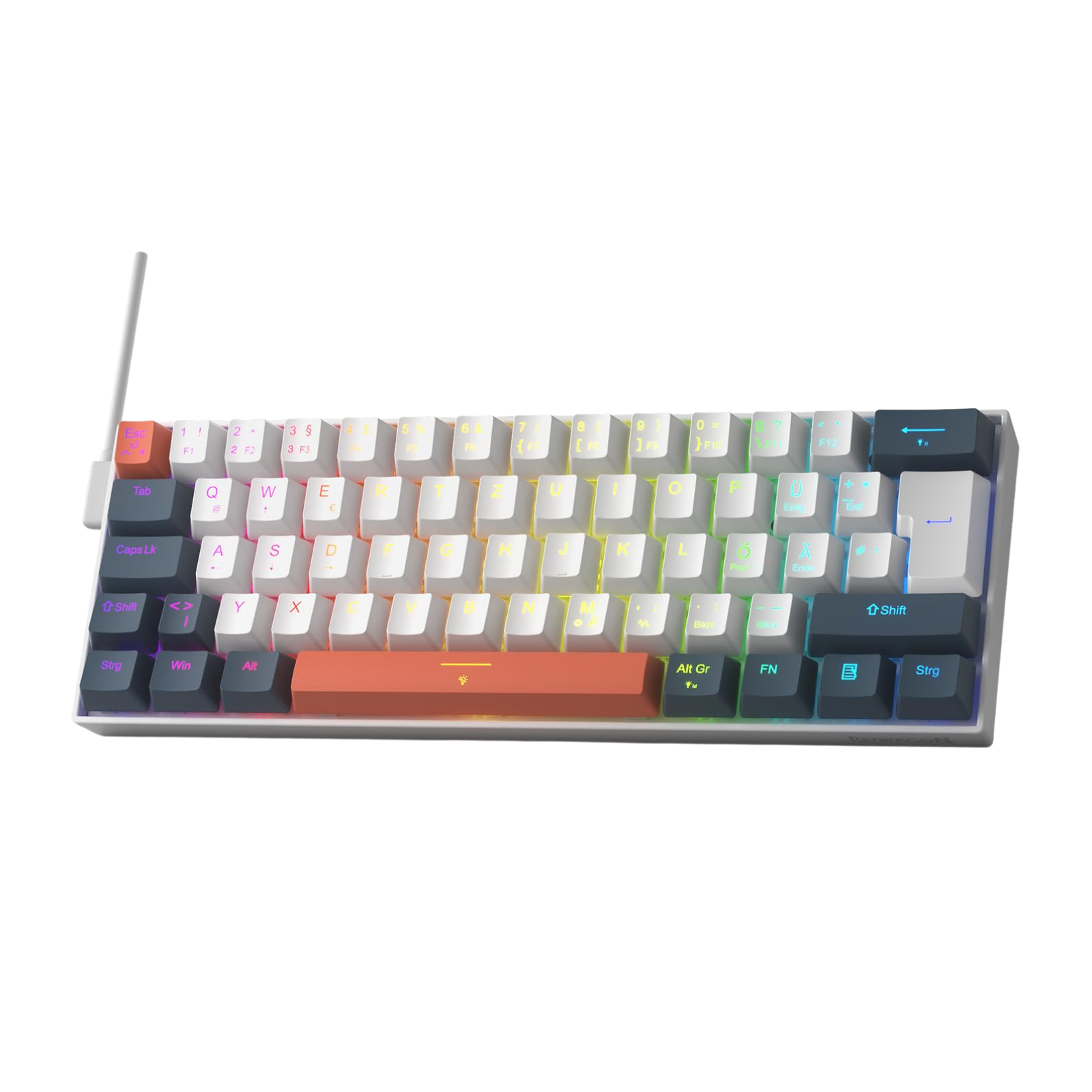 A compact mechanical keyboard with a white keycap layout and RGB backlighting, featuring a prominent orange macro key and a white antenna on a plain white background.