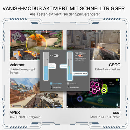 Spanish promotional graphic for a fast-shooting trigger accessory, showing game screenshots and a central diagram labeled 'Disparador Rápido' with active/inactive states and trigger mapping instructions.