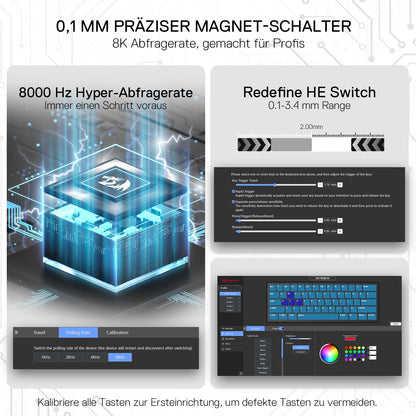 Promotional graphic for a precision mechanical keyboard switch, showing German text, a 3D blue circuitry render, a potentiometer diagram, and screenshots of a keyboard configuration interface with color wheel and switch settings.