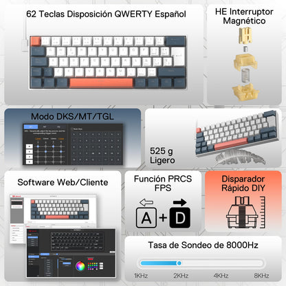 Promotional infographic for a mechanical keyboard, featuring a 62-key Spanish QWERTY layout with white, gray, and orange key colors. The layout includes text callouts for features such as '62 Teclas Disposicion QWERTY Espanol', 'He Interruptor Magnético', 'Modo DKS/MT/TGL', '525 g Ligero', 'Software Web/Cliente', 'Función PRCS FPS', 'Disparador Rápido DIY', and 'Tasa de Sondeo de 8000Hz'.
