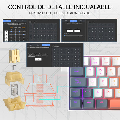 Promotional graphic for a mechanical keyboard switch component. The top text reads 'CONTROL DE DETALLE INIGUALABLE' and 'DKS/MT/TGL, DEFINE CADA TOQUE'.