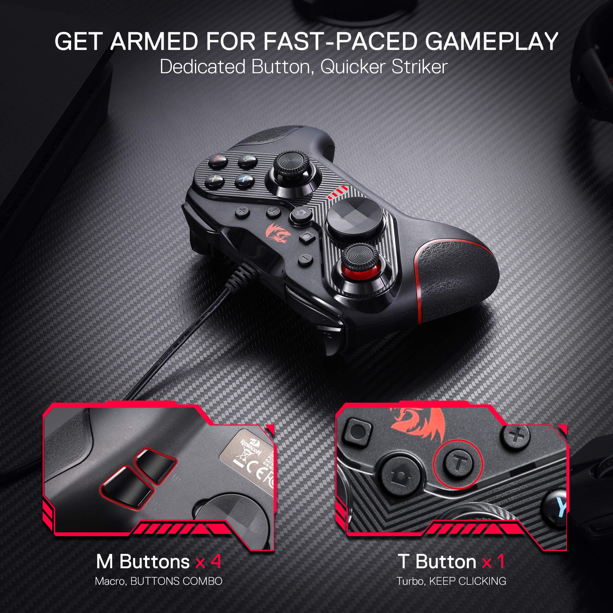 Redragon G710 Wired Gaming Controller - Dual Vibration Motors, Rapid Trigger, Ergonomic Design, 4 Programmable Keys, Customizable Macros, Adjustable Joystick Heights - Work for PC & Android & NS