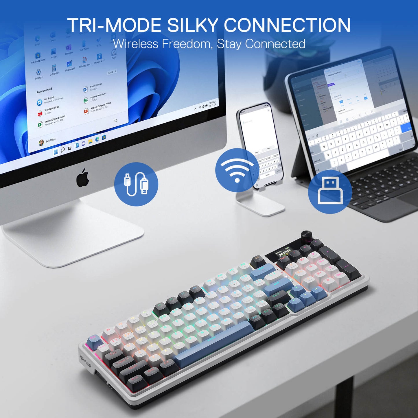 Redragon K719 Wireless Gasket Gaming Keyboard w/Hype Screen & Knob, 95 Keys Mechanical Keyboard, Easy-Control 1.14’’ TFT Info Display, 5-Layer Noise Dampener, Round PBT Keycaps, Mint Mambo Switch