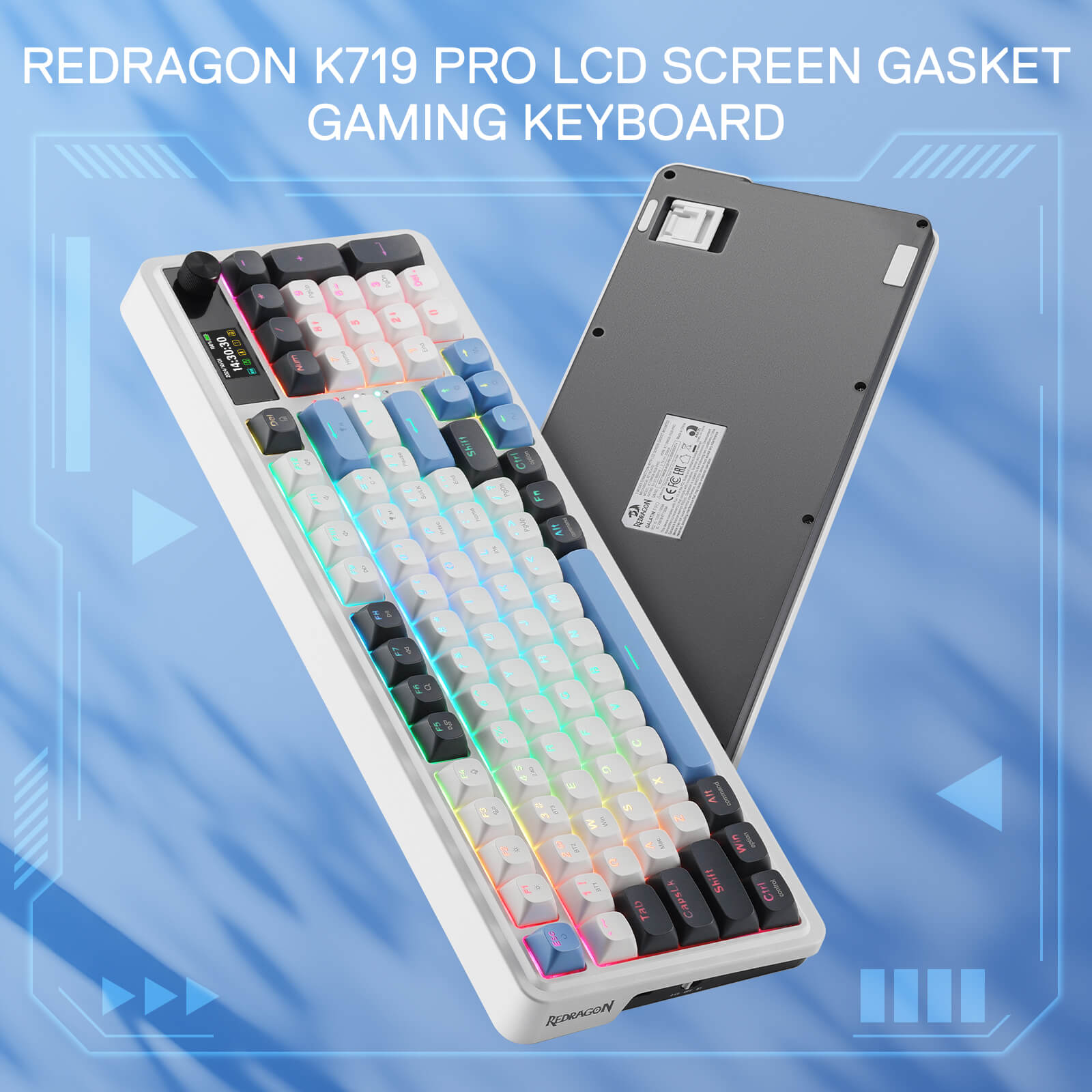 Redragon K719 Wireless Gasket Gaming Keyboard w/Hype Screen & Knob, 95 Keys Mechanical Keyboard, Easy-Control 1.14’’ TFT Info Display, 5-Layer Noise Dampener, Round PBT Keycaps, Mint Mambo Switch