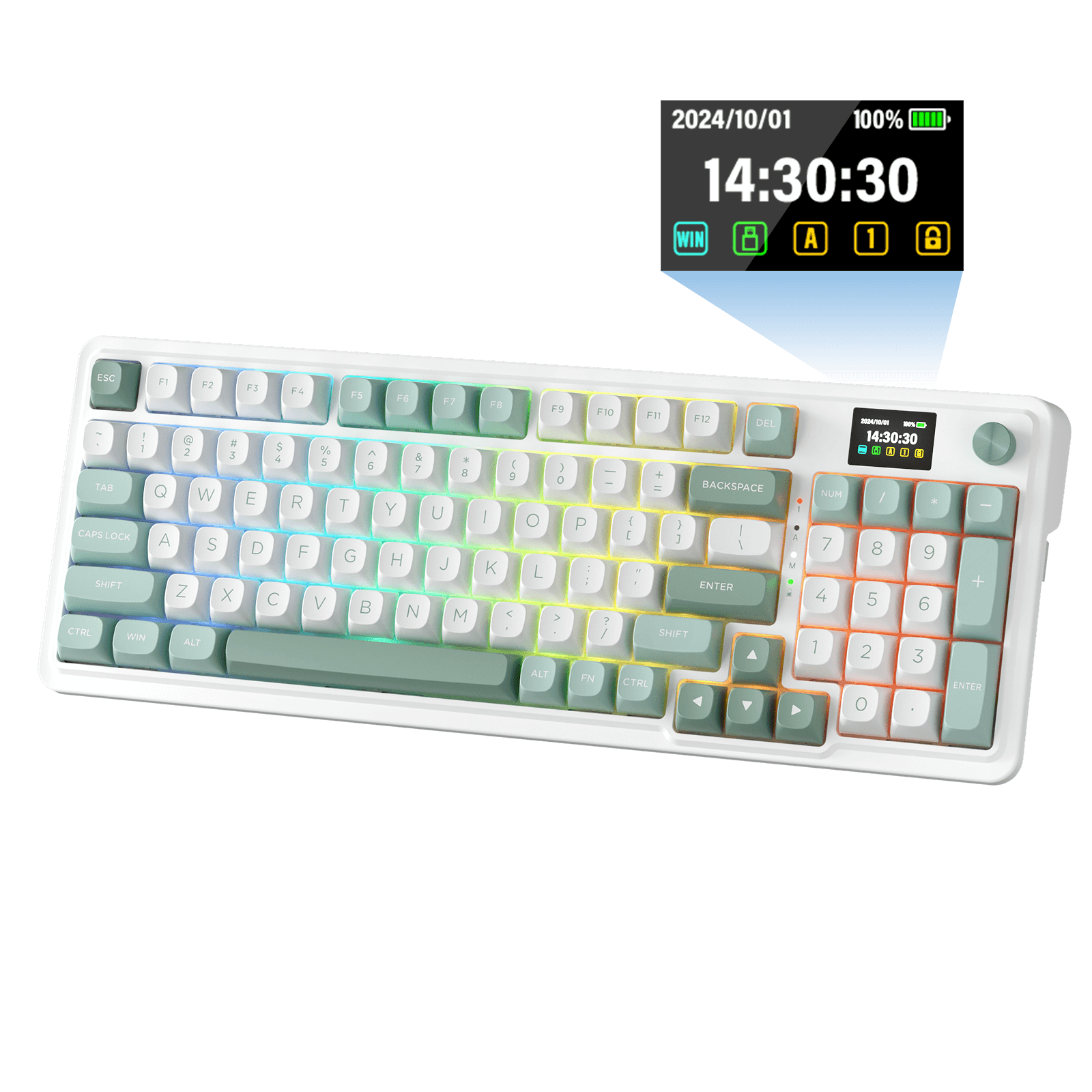 Redragon K719 Wireless Gasket Gaming Keyboard w/Hype Screen & Knob, 95 Keys Mechanical Keyboard, Easy-Control 1.14’’ TFT Info Display, 5-Layer Noise Dampening, Custom Linear Switch, Jade Cloud Color