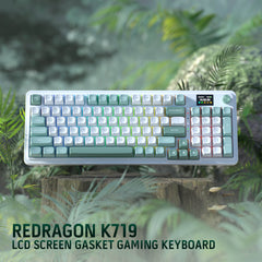 Redragon K719 Wireless Gasket Gaming Keyboard w/Hype Screen & Knob, 95 Keys Mechanical Keyboard, Easy-Control 1.14’’ TFT Info Display, 5-Layer Noise Dampening, Custom Linear Switch, Jade Cloud Color