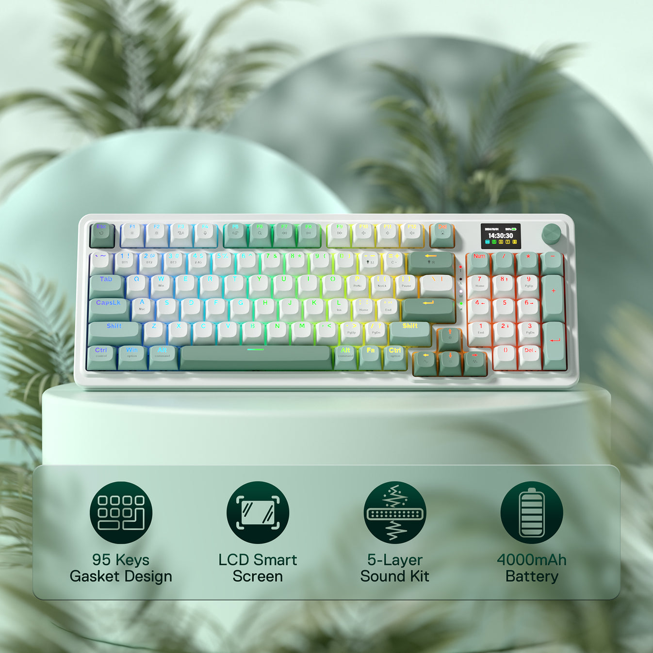 Redragon K719 - Teclado Inalámbrico Para Juegos Con Pantalla Hype Y Perilla, Teclado Mecánico De 95 Teclas, Pantalla De Información TFT De Fácil Control De 1.14 Pulgadas, Amortiguador De Ruido De 5