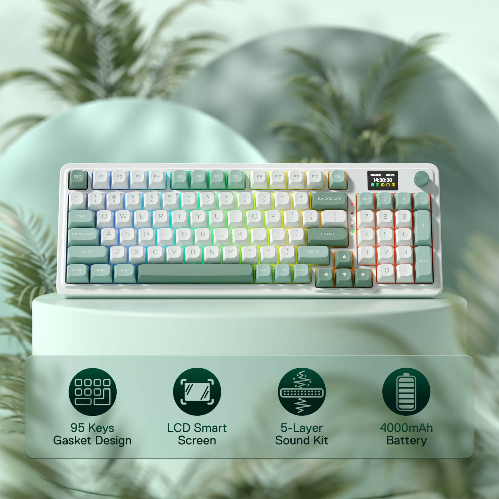 Redragon K719 Wireless Gasket Gaming Keyboard w/Hype Screen & Knob, 95 Keys Mechanical Keyboard, Easy-Control 1.14’’ TFT Info Display, 5-Layer Noise Dampening, Custom Linear Switch, Jade Cloud Color