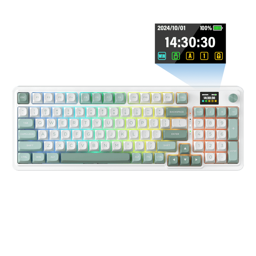 Redragon K719 Wireless Gasket Gaming Keyboard w/Hype Screen & Knob, 95 Keys Mechanical Keyboard, Easy-Control 1.14’’ TFT Info Display, 5-Layer Noise Dampening, Custom Linear Switch, Jade Cloud Color