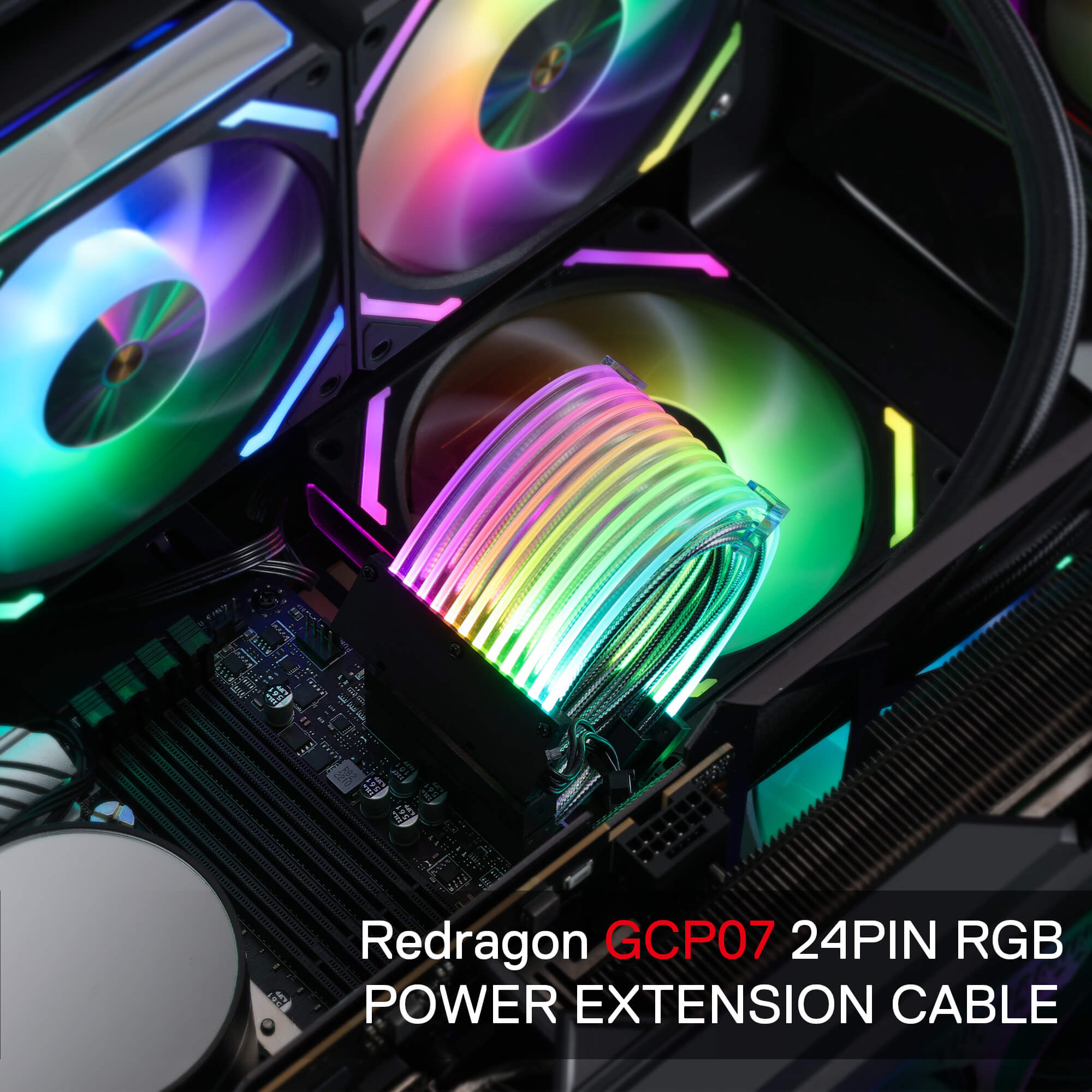 Redragon GCP06 RGB Power Extension Cable - 24 Pin ATX Power Supply Cable, 5V 3 Pin ARGB Sync, 20CM Length with Cable Combs, Customized Power Supply Mod Sleeve Extension Cable