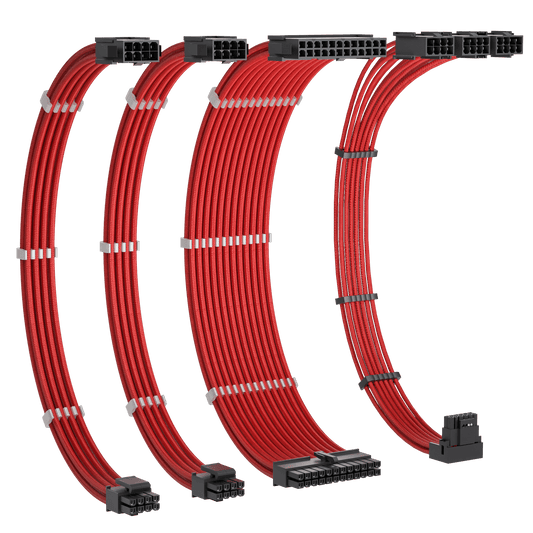 Redragon GCP07 Power Extension Cable Kit - 1x24 Pin, 1x90 Degree 16 Pin, 2x8Pin Sleeved Cable for ATX Power Supply, 30CM Length with Cable Combs, Red