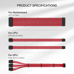 Redragon GCP07 Power Extension Cable Kit - 1x24 Pin, 1x90 Degree 16 Pin, 2x8Pin Sleeved Cable for ATX Power Supply, 30CM Length with Cable Combs, Red