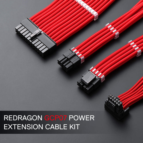 Redragon GCP07 Power Extension Cable Kit - 1x24 Pin, 1x90 Degree 16 Pin, 2x8Pin Sleeved Cable for ATX Power Supply, 30CM Length with Cable Combs, Red