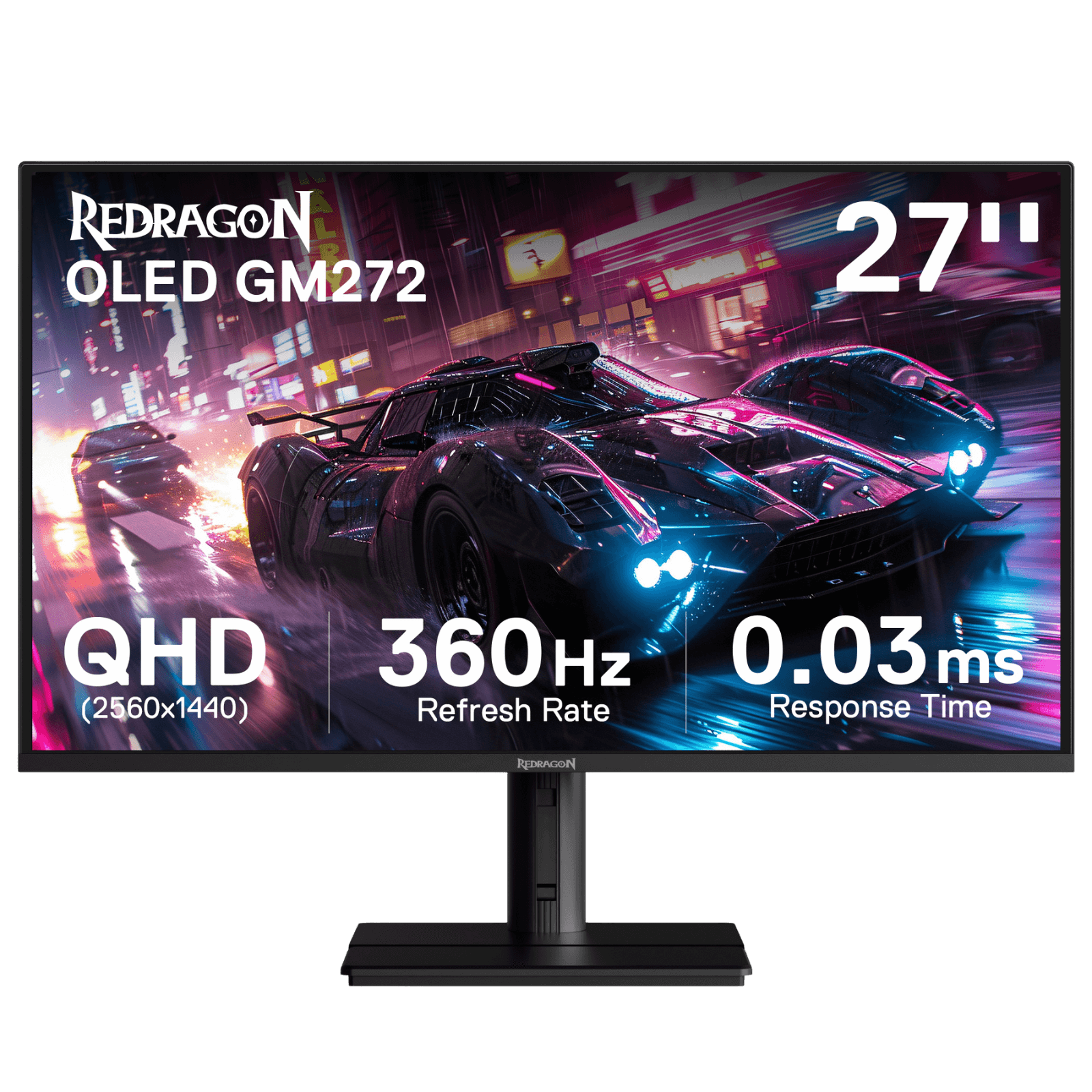 Redragon GM272 27" OLED Flat Gaming Monitor - QHD 2560x1440, 360Hz, 0.03ms GTG, AMD FreeSync Premium, 99% DCI-P3, HDR Peak 1000 nits, HDMI x2, DP x3, Eye Care, VESA Wall Mount