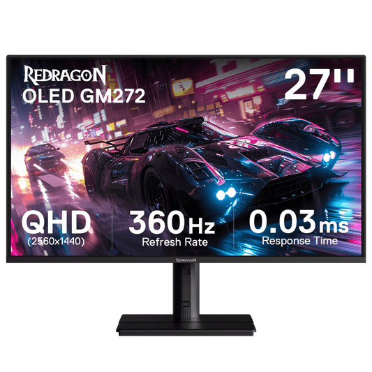 Redragon GM272 27" OLED Flat Gaming Monitor - QHD 2560x1440, 360Hz, 0.03ms GTG, AMD FreeSync Premium, 99% DCI-P3, HDR Peak 1000 nits, HDMI x2, DP x3, Eye Care, VESA Wall Mount