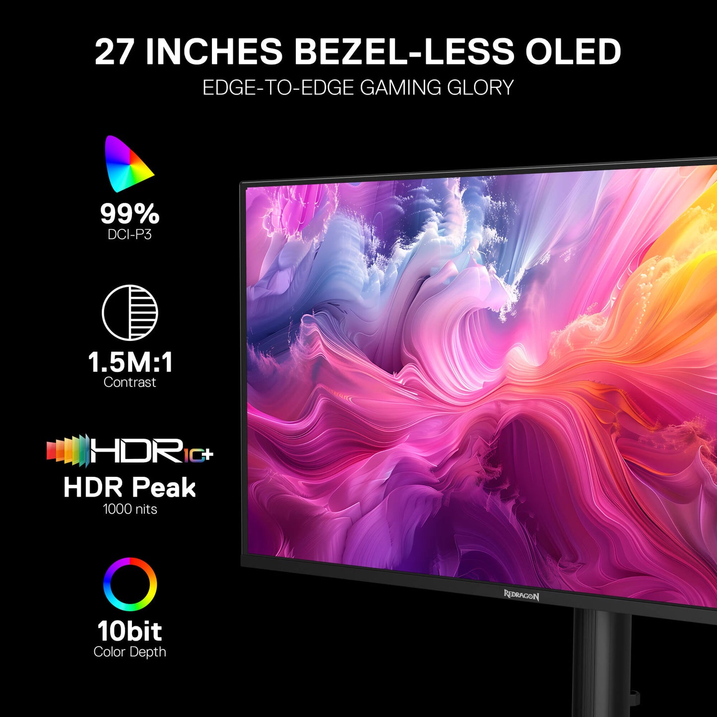 Redragon GM272 27" OLED Flat Gaming Monitor - QHD 2560x1440, 360Hz, 0.03ms GTG, AMD FreeSync Premium, 99% DCI-P3, HDR Peak 1000 nits, HDMI x2, DP x3, Eye Care, VESA Wall Mount