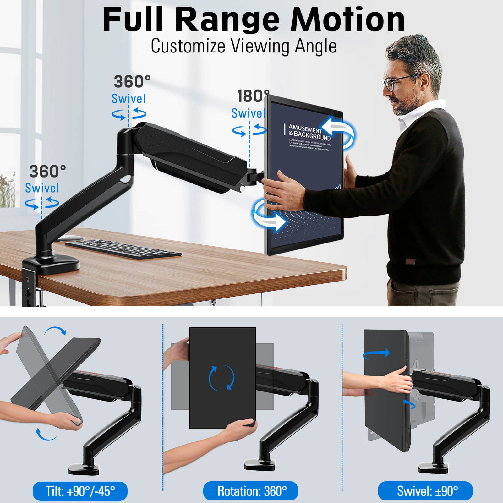 Redragon GMK914 Single Monitor Mount Stand - Gas Spring Adjustable Arms with VESA 75/100mm, 15-49 Inch Screen Compatibility, C Clamp & Grommet Base, Cable Management, 44lbs Load Capacity