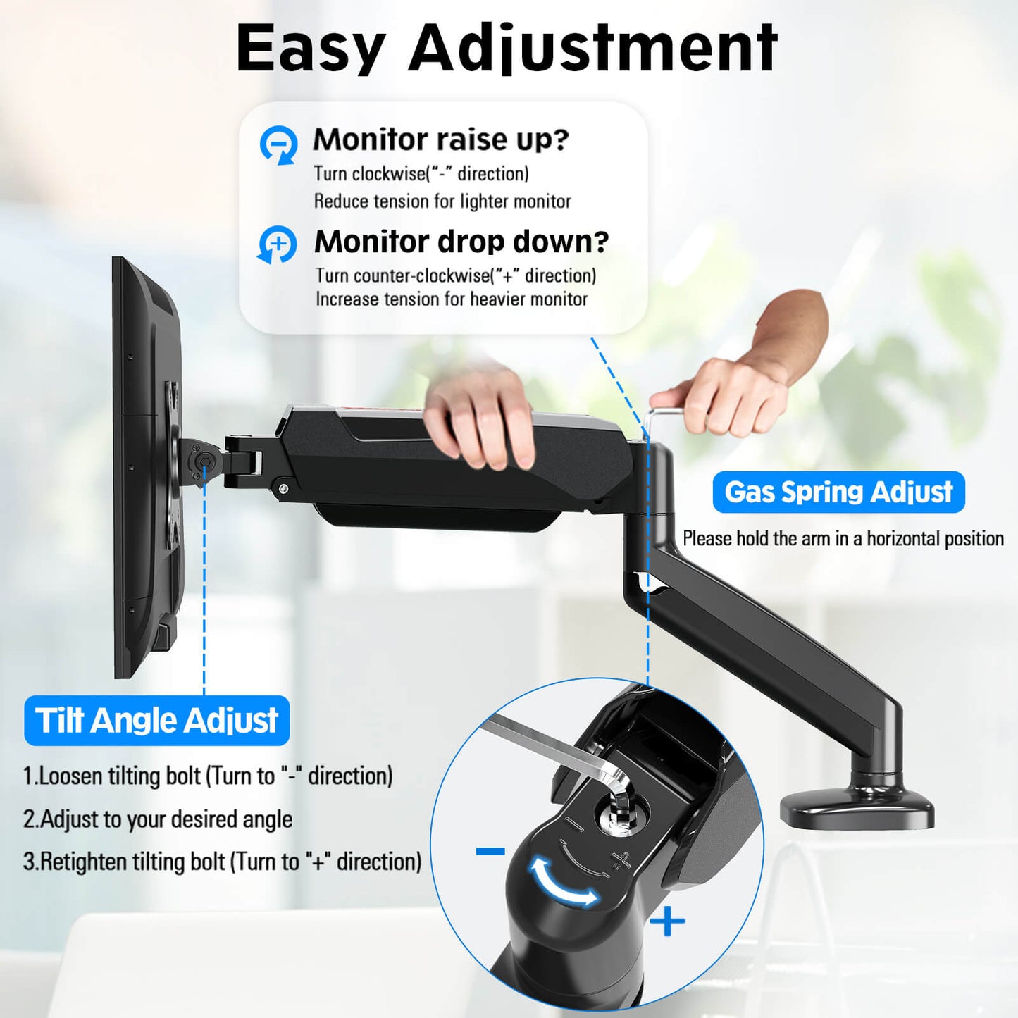 Redragon GMK914 Single Monitor Mount Stand - Gas Spring Adjustable Arms with VESA 75/100mm, 15-49 Inch Screen Compatibility, C Clamp & Grommet Base, Cable Management, 44lbs Load Capacity