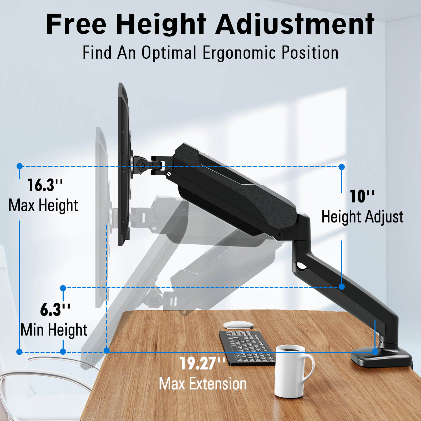 Redragon GMK914 Single Monitor Mount Stand - Gas Spring Adjustable Arms with VESA 75/100mm, 15-49 Inch Screen Compatibility, C Clamp & Grommet Base, Cable Management, 44lbs Load Capacity