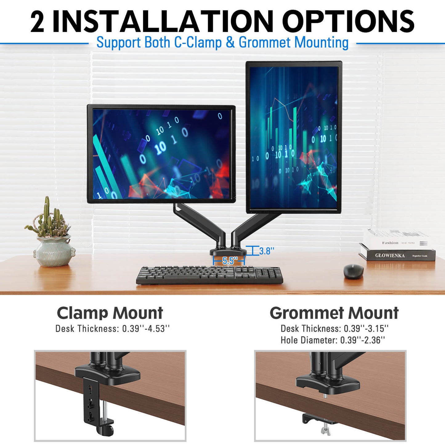 Redragon GMK915 Dual Monitor Mount Stand - Gas Spring Adjustable Arms with VESA 75/100mm, 15-49 Inch Screen Compatibility, C Clamp & Grommet Base, Cable Management, 44lbs Load Capacity