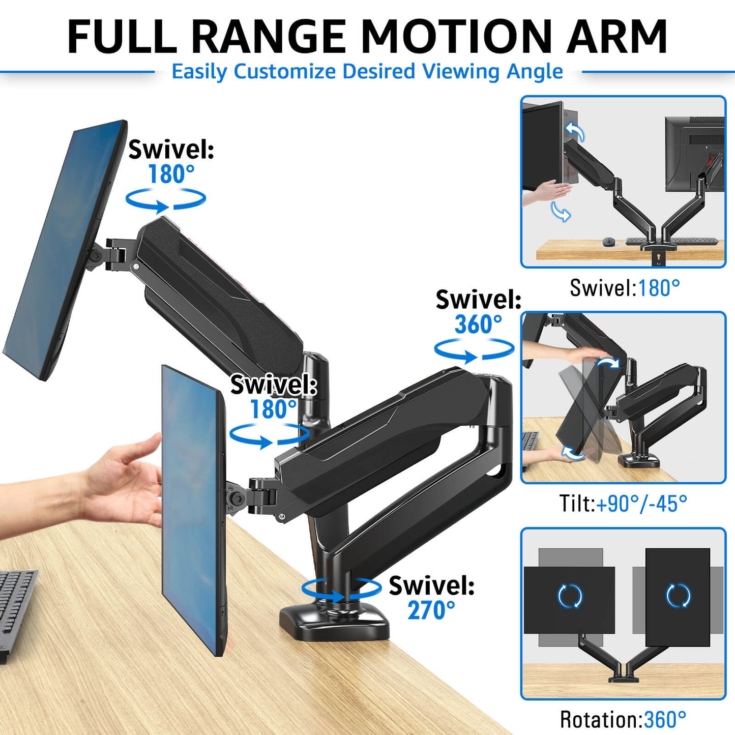 Redragon GMK915 Dual Monitor Mount Stand - Gas Spring Adjustable Arms with VESA 75/100mm, 15-49 Inch Screen Compatibility, C Clamp & Grommet Base, Cable Management, 44lbs Load Capacity