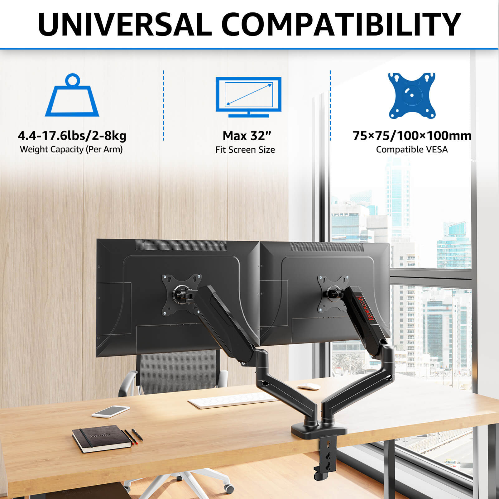 Redragon GMK915 Dual Monitor Mount Stand - Gas Spring Adjustable Arms with VESA 75/100mm, 15-49 Inch Screen Compatibility, C Clamp & Grommet Base, Cable Management, 44lbs Load Capacity