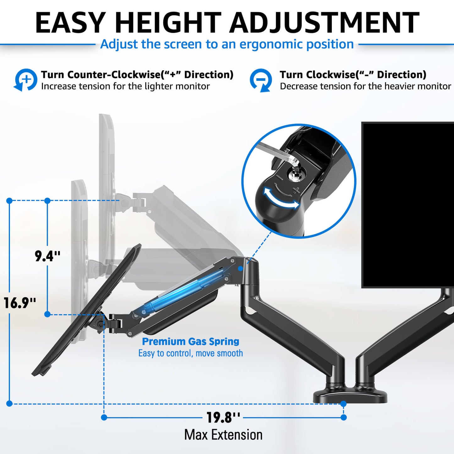 Redragon GMK915 Dual Monitor Mount Stand - Gas Spring Adjustable Arms with VESA 75/100mm, 15-49 Inch Screen Compatibility, C Clamp & Grommet Base, Cable Management, 44lbs Load Capacity