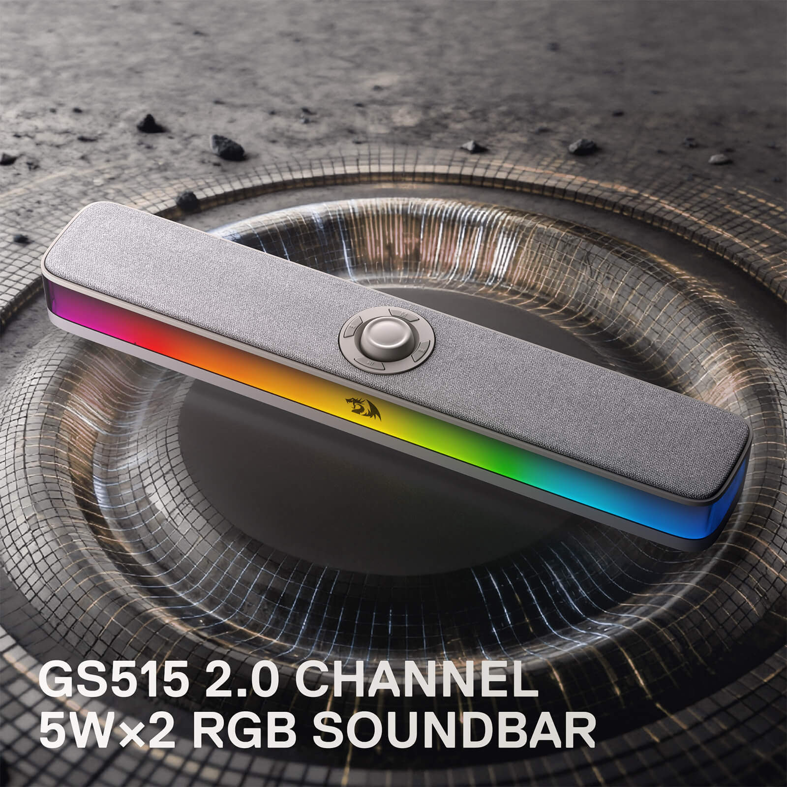 2.0 channel RGB soundbar with colorful LED lights on a dark background