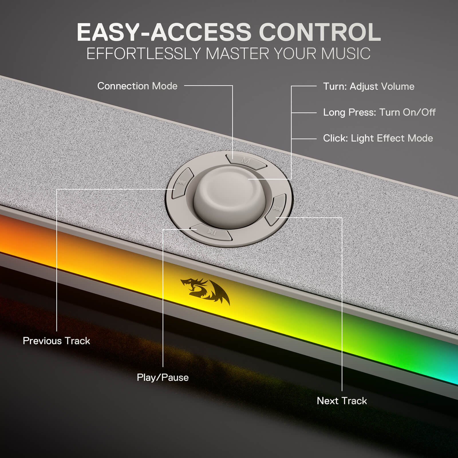 Control panel with buttons and LED lights for music control on a dark background