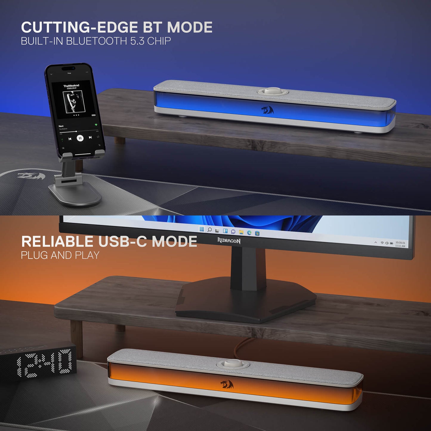 Desk setup with computer monitor, smartphone, and electronic devices on a wooden surface.